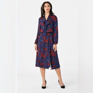 Justfab long sleeve neck tie floral print blue and red 100% rayon dress size XXL